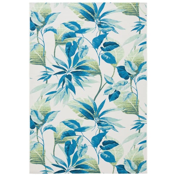 Barbados Ivory/Blue 10 ft. x 12 ft. Botanical Leaf Indoor/Outdoor Area Rug