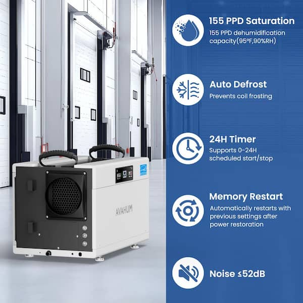 155 pt. 6,000 sq.ft. Bucketless Commercial Dehumidifier in White with Drain Hose, for Crawl Space