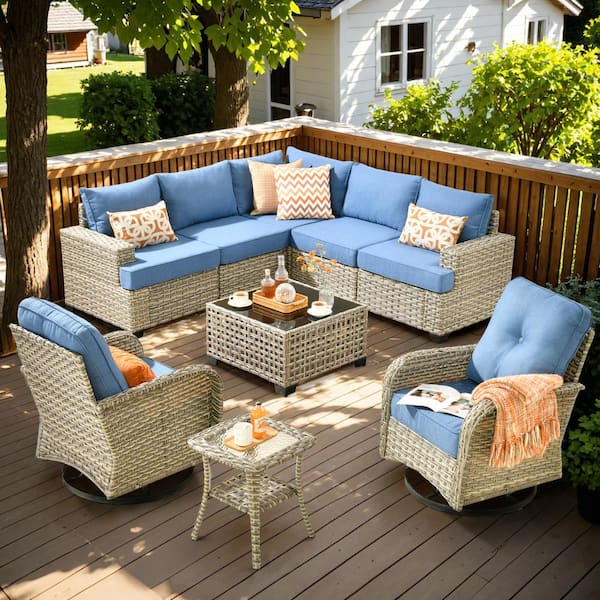 OVIOS Vinceny Gray 9-Piece Wicker Patio Conversation Seating Set with Diamond Blue Cushions and Swivel Chairs