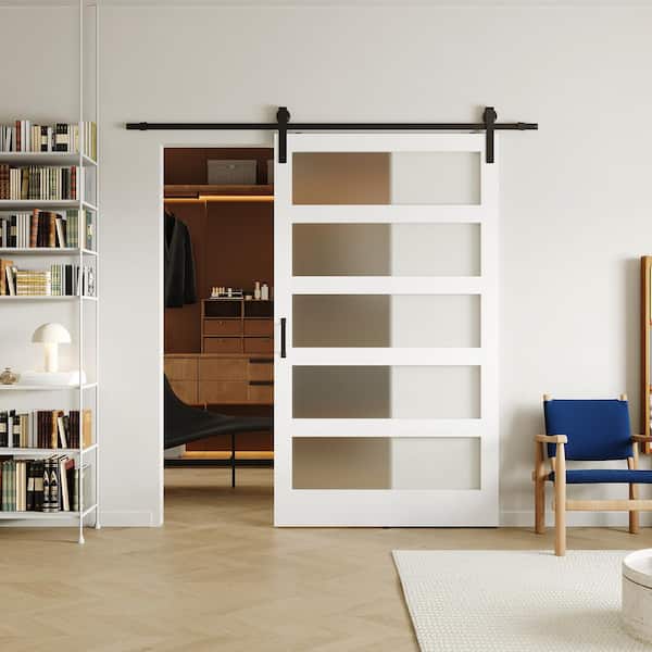TENONER 48 in. x 84 in. 5 Panel, Frosted Glass, White, Can Be Painted, Primed MDF Sliding Barn Door with Hardware Kit