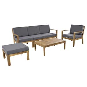 6-Piece Acacia Wood Frame Patio Outdoor Conversation Sectional Sofa Set with Coffee Table and Removable Gray Cushion