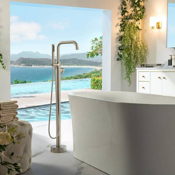 Single-Handle Freestanding Floor Mount Tub Faucet Bathtub Filler with Hand Shower in Brushed Nickel