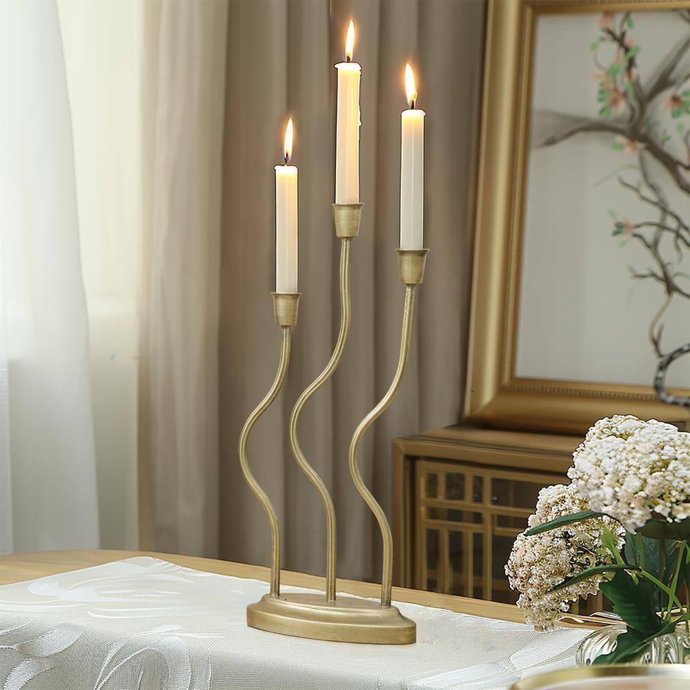 Gold Metal 3-Taper Candle Holder with Twisted Base