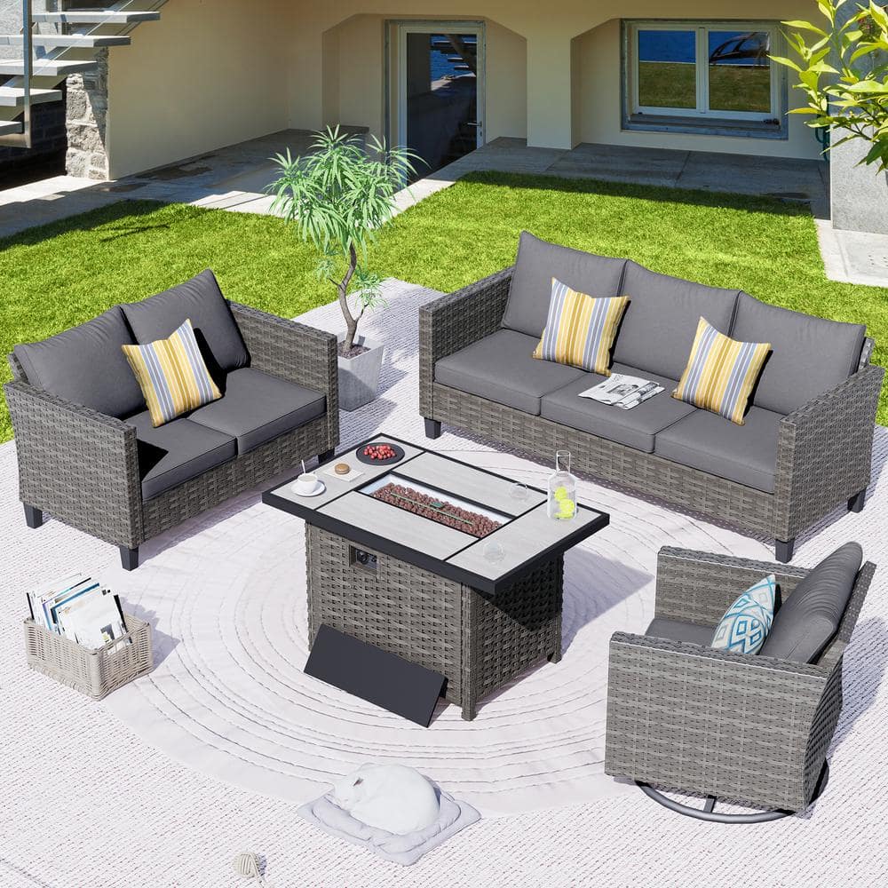 Shasta Gray 4-Piece Wicker Patio Rectangular Fire Pit Set with Dark Gray Cushions and Swivel Rocking Chair price history on PriceWatchPro
