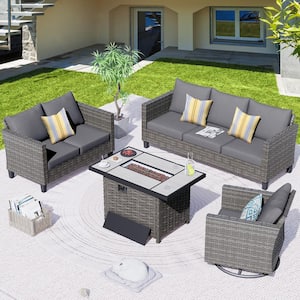 Shasta Gray 4-Piece Wicker Patio Rectangular Fire Pit Set with Dark Gray Cushions and Swivel Rocking Chair