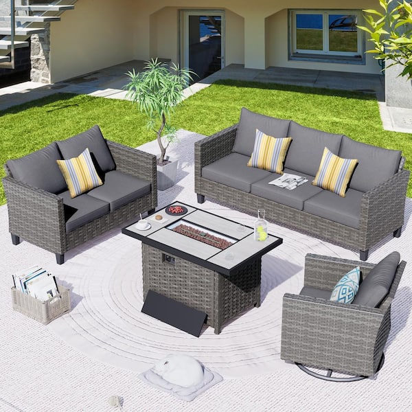 XIZZI Shasta Gray 4-Piece Wicker Patio Rectangular Fire Pit Set with ...