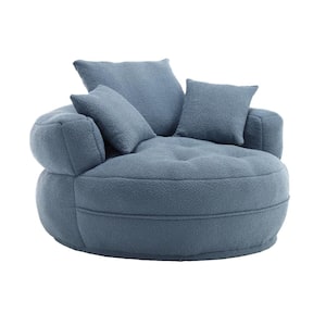 Modern Light Blue Chenille Swivel Upholstered Barrel Living Room Chair With Cushion and Pillows