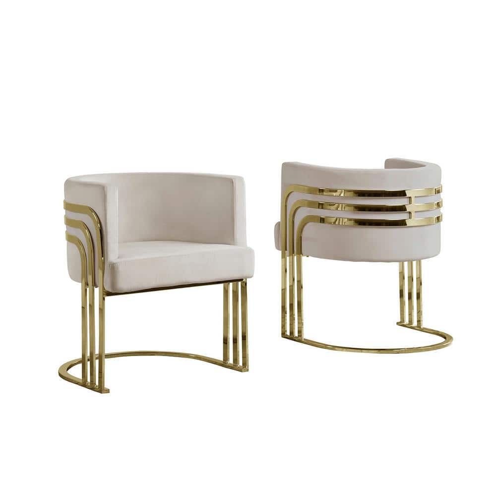 Beige Velvet Round Barrel Accent Chair with Gold Metal Frame