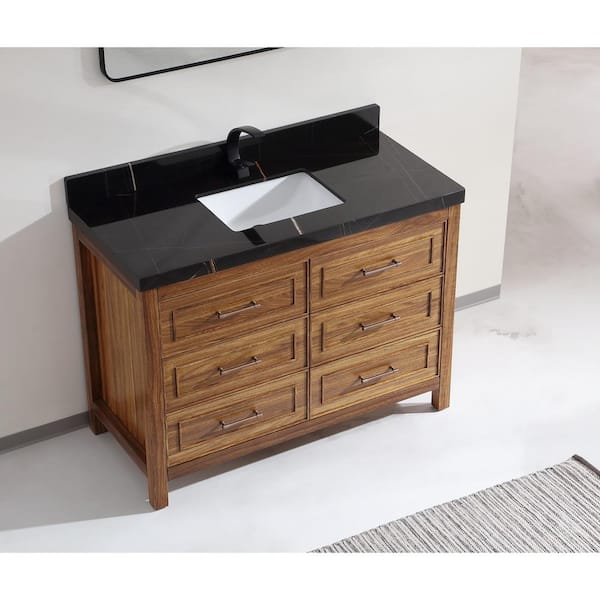 Luxury Ebony Series 48 in. 1 Freestanding Light Brown Finish Bath Vanity with 2 in. Black Natural Marble Top Assembled