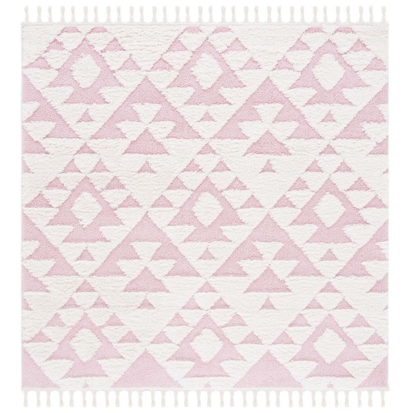 Moroccan Tassel Shag Ivory/Pink 3 ft. x 3 ft. High-Low Geometric Fringe Square Area Rug