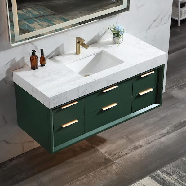Wenlorin 48 in. Single Sink Floating Green Bath Vanity with White Engineered Marble Top Pre-Assembled