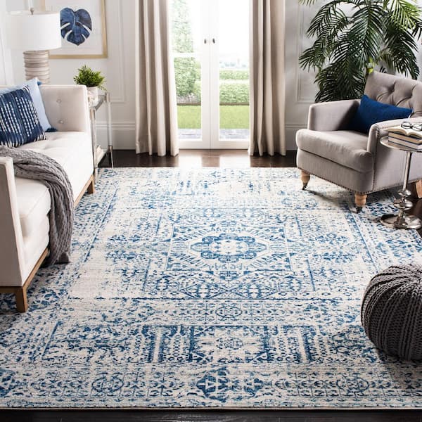 Evoke Ivory/Blue 9 ft. x 9 ft. Square Medallion Distressed Area Rug
