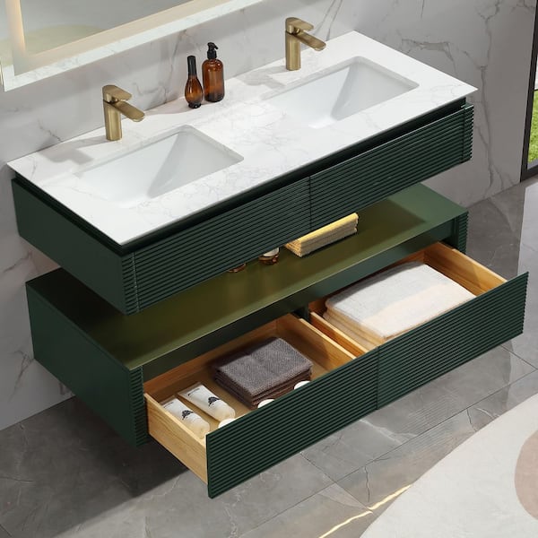 Wilton 48 in. W x 20.8 in. D x 19.6 in. H Floating Bathroom Vanity Set in Green with White Double Undermount Basins