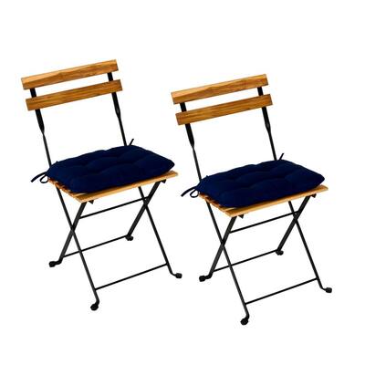 Folding Wood Outdoor Dining Chairs with Navy Blue Cushions (Set of 2)