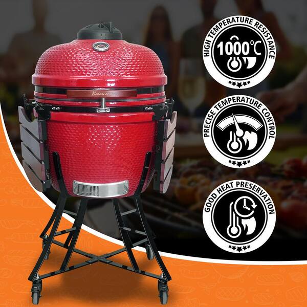 23.5 Inch Kamado Ceramic Charcoal Grill Grills Outdoor Cooking with Cart Side Shelves Stainless Steel Grates Cover Tabletop Barbecue Grill for