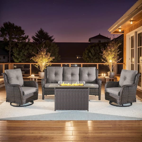 4-Piece Brown Wicker Fire Pit Conversation Set with Olefin Gray Cushions and 2 Swivel Glider Chairs and Couch