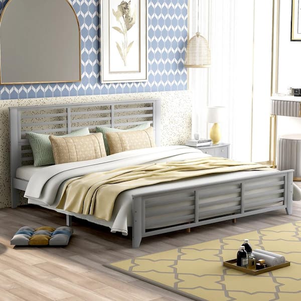 Polibi Gray Wood Frame King Size Platform Bed with Horizontal Strip Hollow Shape