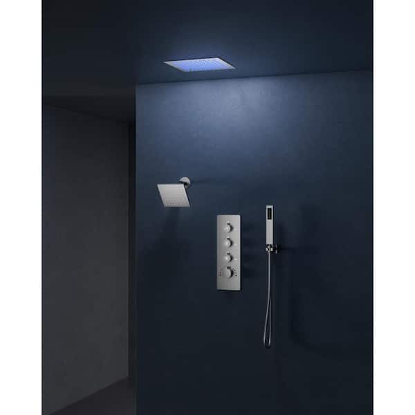 EVERSTEIN Chromotherapy 7-Spray Square 12in. Rain LED Shower System w/ 6in. Shower Head Handheld shower in Brushed Nickel 2.5 GPM