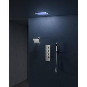 LED 7-Spray Patterns 12 in. 6 in. Square Ceiling and Wall Mount Fixed and Handheld Shower Head 2.5 GPM in Brushed Nickel