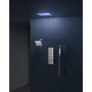 LED 7-Spray Patterns 12 in. 6 in. Square Ceiling and Wall Mount Fixed and Handheld Shower Head in Brushed Nickel