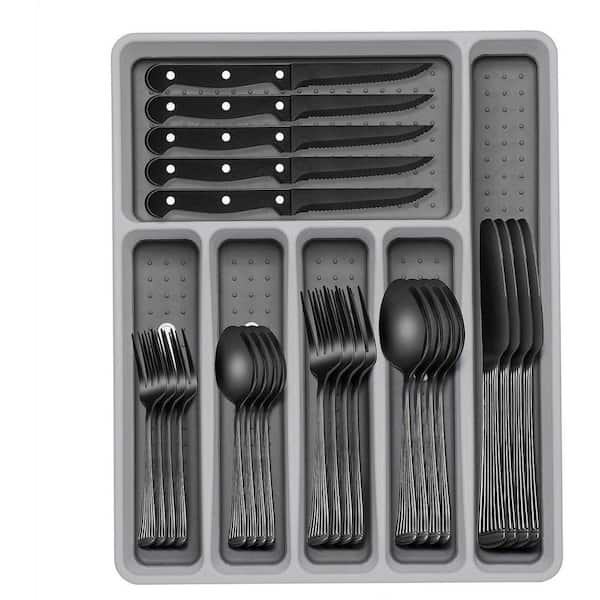 49-Piece Column Black Stainless Steel Kitchen Flatware Cutlery Set with Organizer (Service for 8)