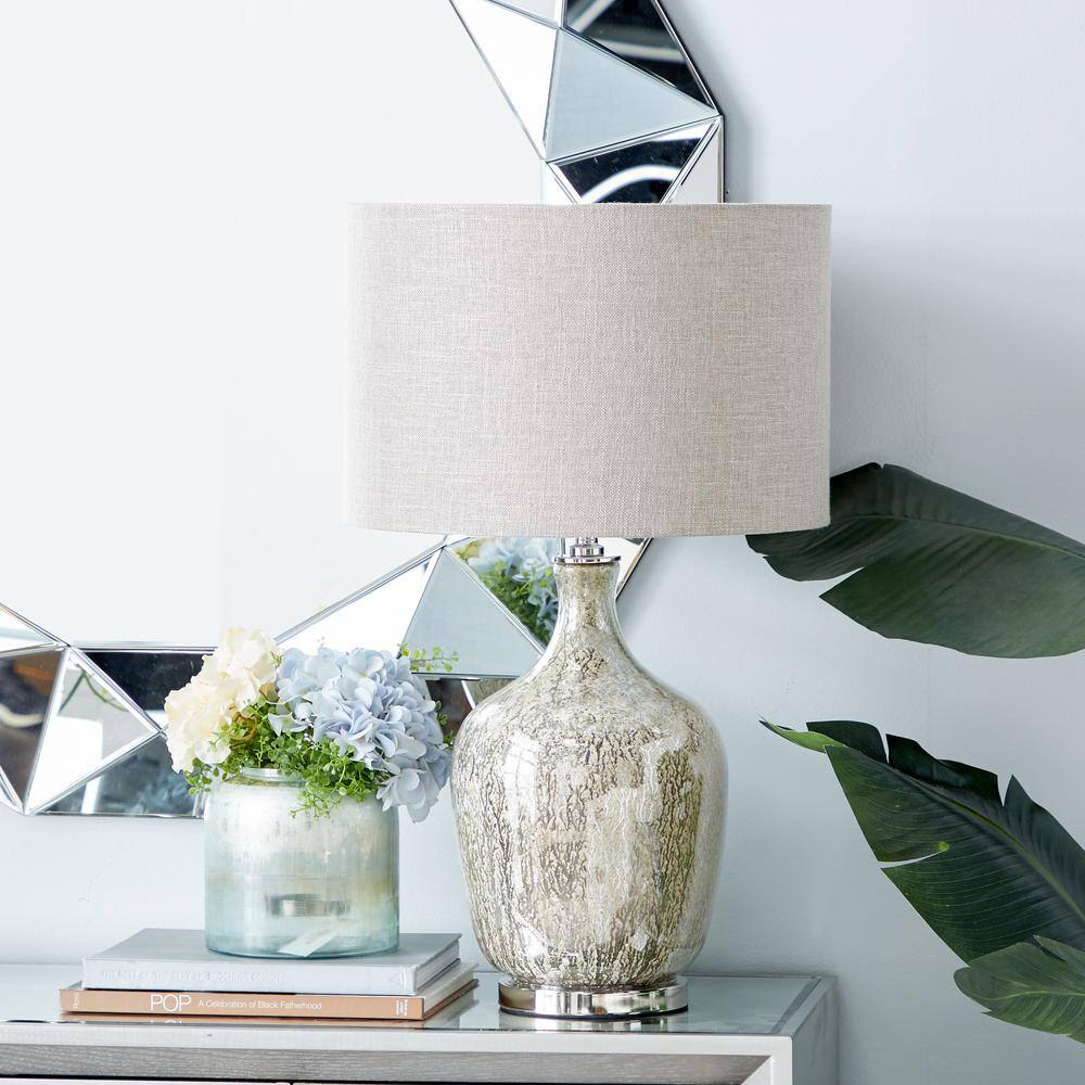 Silver Mercury Glass Table Lamp with Beige Linen Shade
