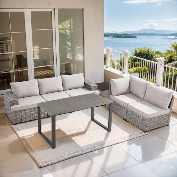 ModNest Taupe 7-Piece Wicker Patio Conversation Set, Modular Sofa Set with Beige Cushions and Dining Table