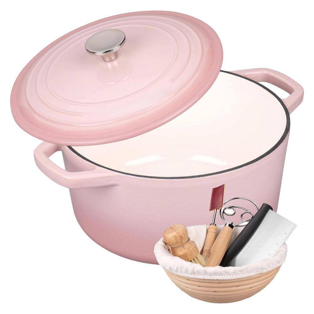 UUDULY 4.5 qt. Round Cast Iron Dutch Oven in Pink with Lid for