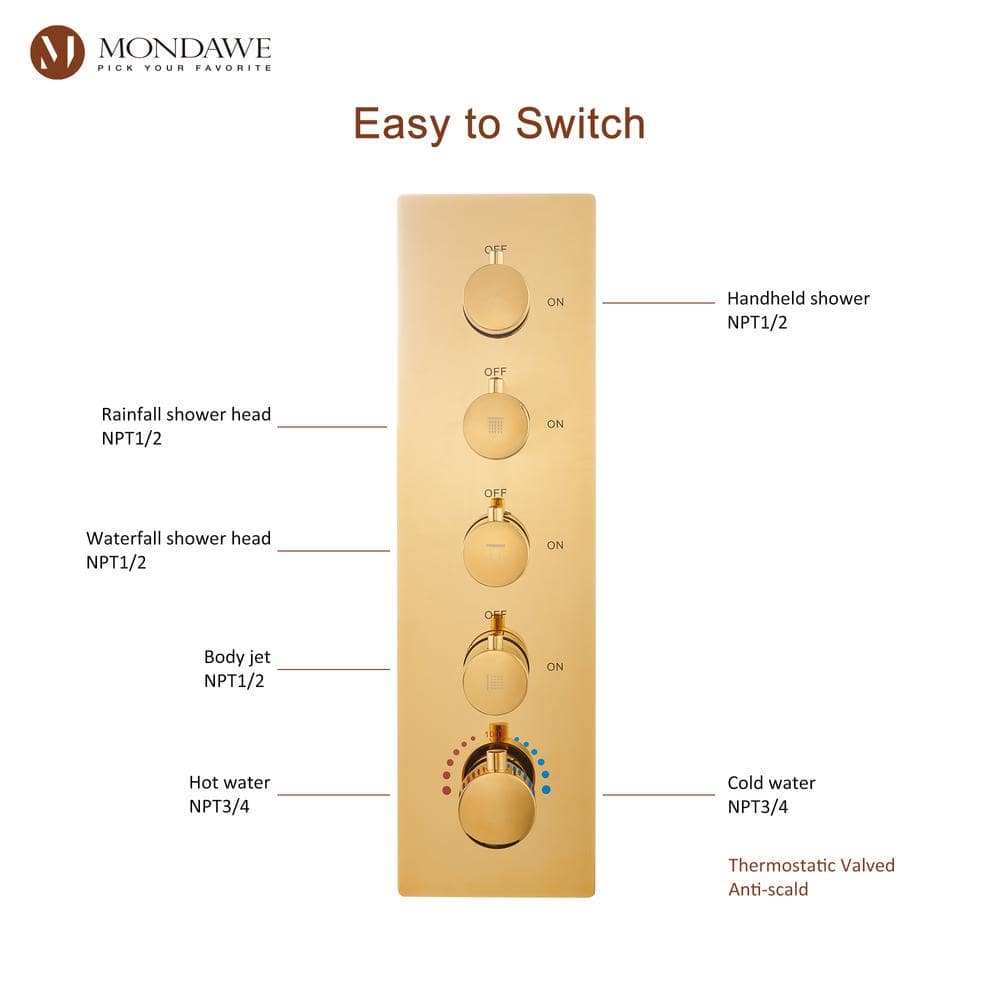 Luxury Gold Ceiling Mounted Dual Shower System with LED and Bluetooth Speaker