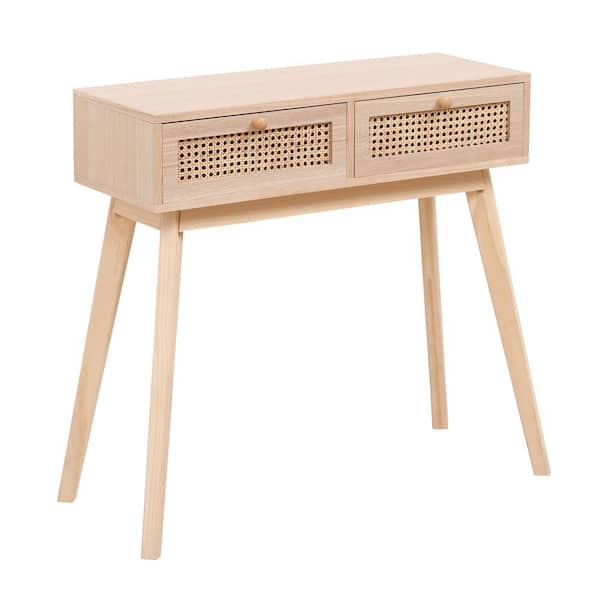 Unbranded 32 in. W x 12 in. D x 30 in. H Beige Linen Cabinet, Side Table with Two Real Rattan Drawers for Living Room