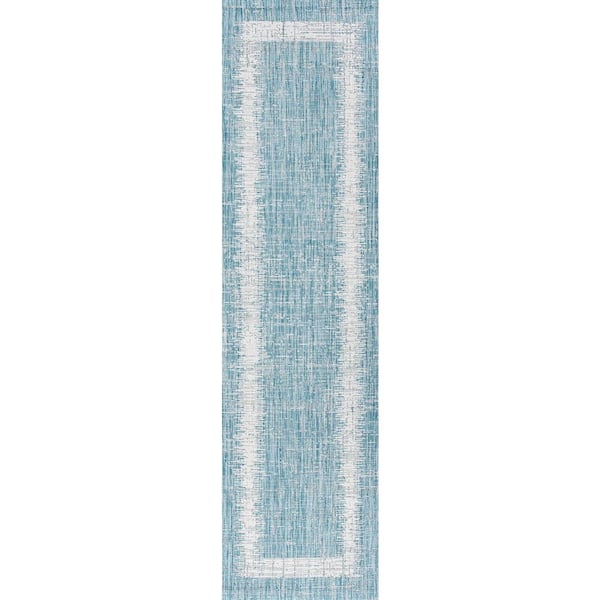 Scandi Minimalist Border Aqua/Ivory 2 ft. x 10 ft. Indoor/Outdoor Runner Rug