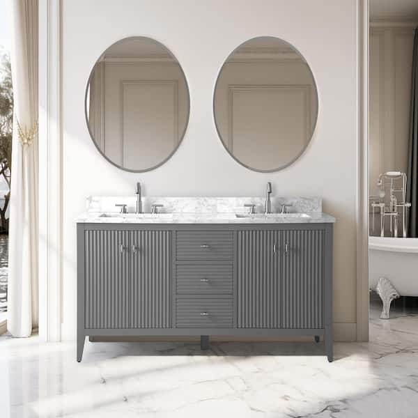 Vanity Art 60 in. W x 22 in D x 38 in. H Double Sink Bath Vanity Cabinet in Linear Gray with White Engineered Marble Top