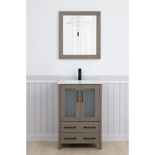 24 in. W x 18.1 in. D x 35.8 in. H Single Basin Driftwood Gray Bath Vanity with White Ceramic Top and Mirror
