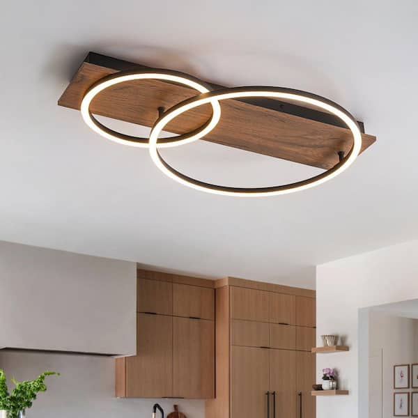 23.6 in. 2-Light Farmhouse Wood Integrated LED Flush Mount Ceiling Light