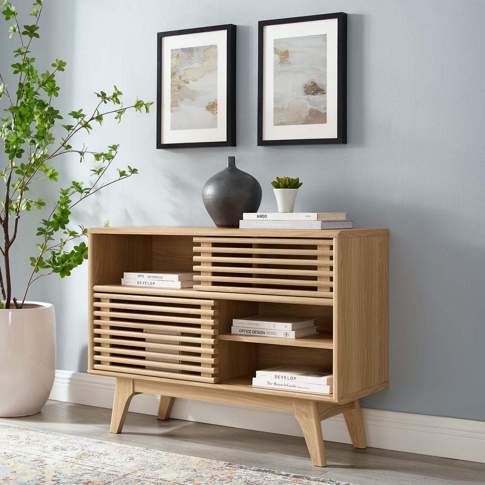 Mid-Century Oak Cabinet with Sliding Door