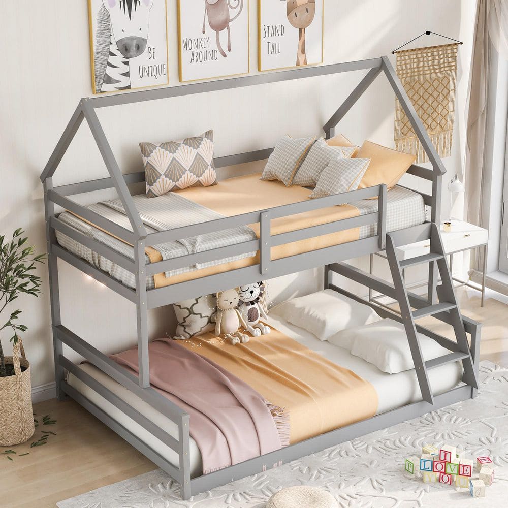 Harper & Bright Designs Gray Twin Over Full Wood House Bunk Bed With ...