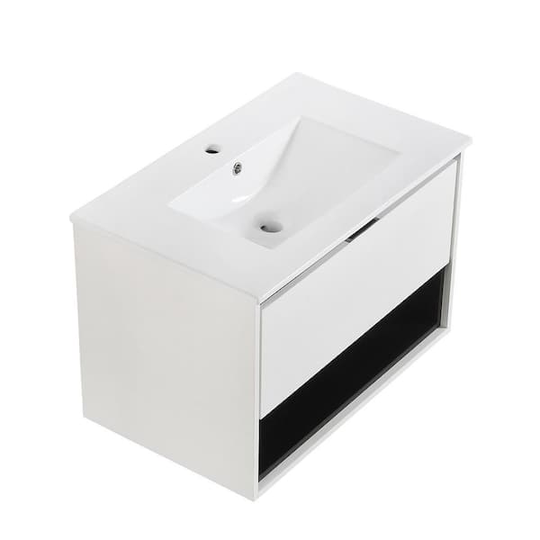 HBEZON JIM 29.92 in. W x 18.31 in. D x 20.28 in. H Floating Bath Vanity in White with White Integrated Ceramic Top and Drawer