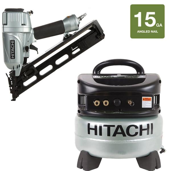 Hitachi 2-Piece 2.5 in. x 15-Gauge Angled Finish Nailer and 6 gal. Oil-Free Pancake Compressor