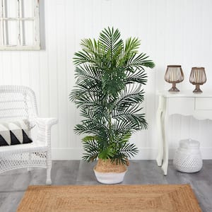 5 ft. Areca Artificial Palm Tree in Boho Chic Handmade Cotton and Jute White Woven Planter UV Resistant (Indoor/Outdoor)