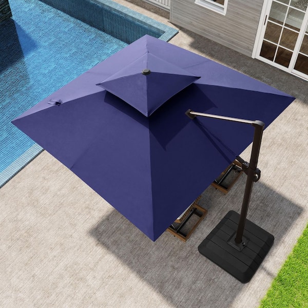 10 ft. Square 360° Rotation Offset Cantilever Aluminum Patio Umbrella in Navy Blue and Umbrella Stand Fillable Base