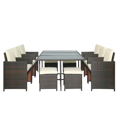 Brown 11-Piece Wicker Outdoor Dining Set with Beige Cushions