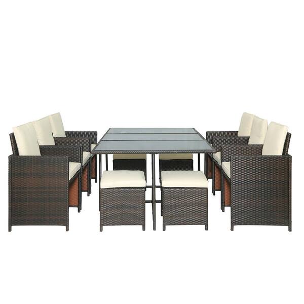 Nestfair Brown 11 Piece Wicker Outdoor Dining Set With Beige Cushions Lash00048a The Home Depot - Patio Furniture Table And Chairs Home Depot