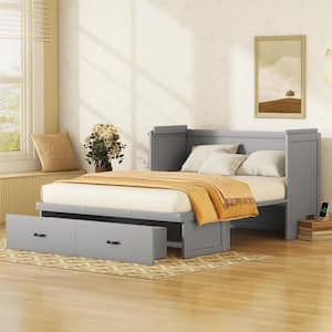 Gray Wood Frame Queen Size Murphy Bed with USB Ports and 2-Drawer