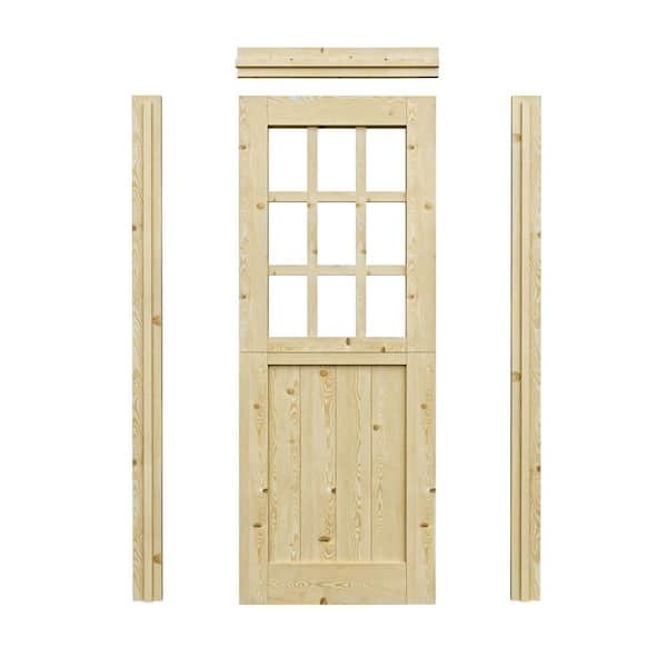 32 in. x 80 in. Pine Universal 9-Lite Clear Glass& 1-Panel Unfinished Dutch Wood Prehung Front Door+Quick Assemble Jamb