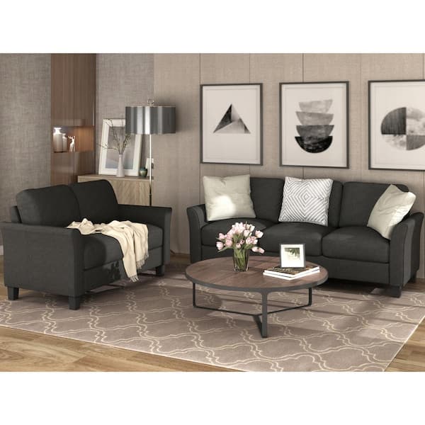 GODEER 76 in. W 2-piece Linen Living Room Furniture Loveseat Sofa and 3-seat Sofa in Black
