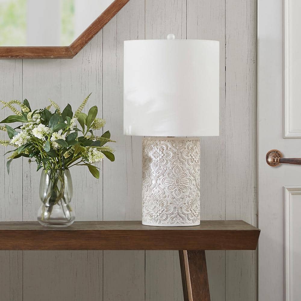 Ivory Floral Embossed Resin Cylinder Table Lamp with 3-Way Switch