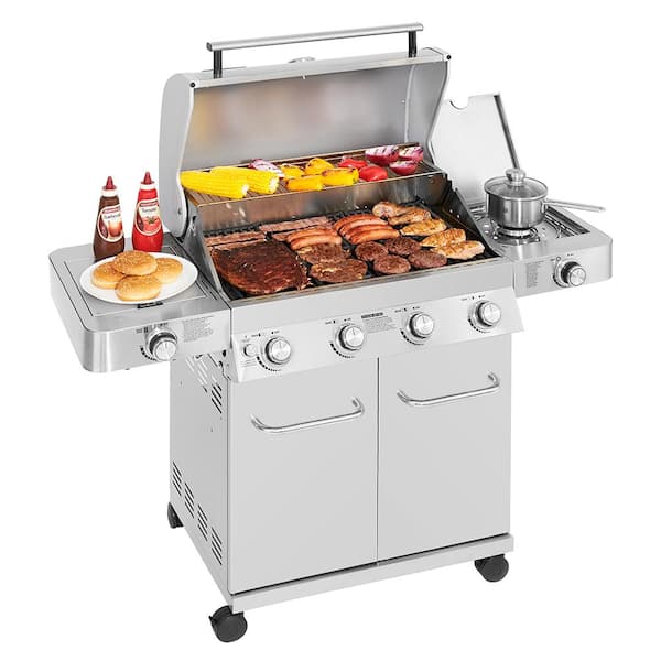 4-Burner Propane Gas Grill in Stainless with Grill Cover, LED Controls, Side and Side Sear Burners