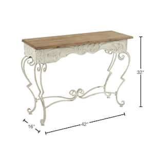 42 in. White Extra Large Rectangle Metal Scroll Console Table with Brown Wood Top