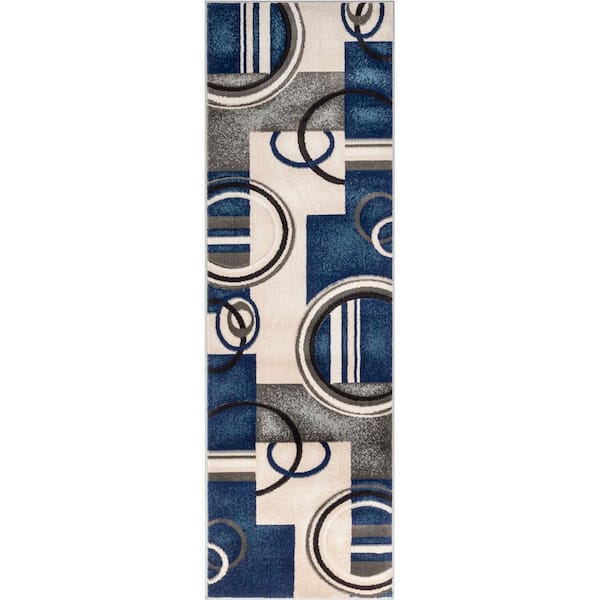 Dark Blue 2 ft. 7 in. x 7 ft. 3 in. Good Vibes Belle Modern Geometric Abstract Runner Area Rug