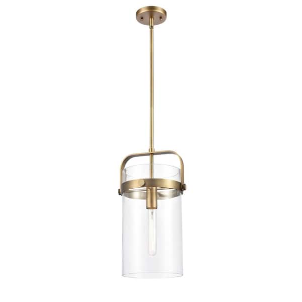 Pilaster 100-Watt 1 Light Brushed Brass Shaded Pendant Light with Clear glass Clear Glass Shade
